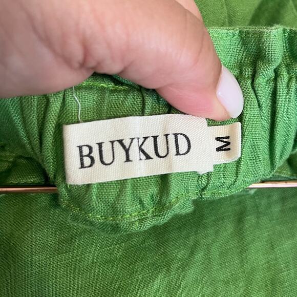 Buykud Linen Womens Midi Skirt Size M Green Boho Pull On Pockets Boho Coastal - Picture 5 of 7